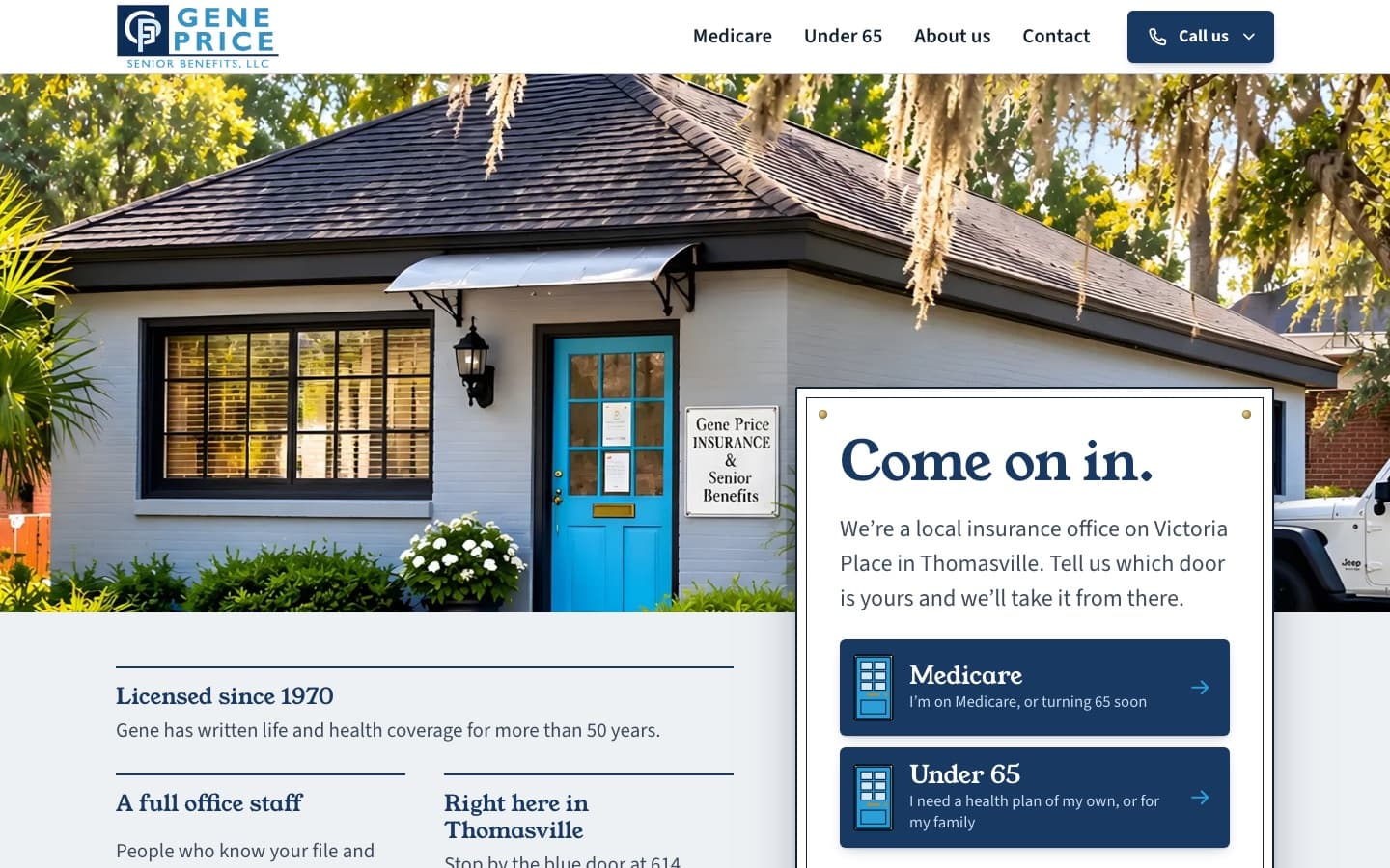 The Gene Price Senior Benefits homepage: a photo of the white brick office with its bright blue front door, and a framed white sign board reading Come on in, with two navy buttons for Medicare and Under 65.