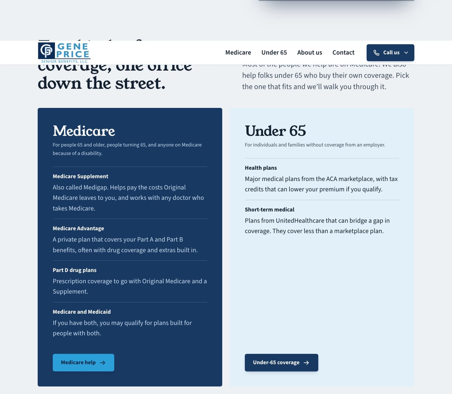 The coverage section of the homepage: a navy Medicare panel listing Medicare Supplement, Medicare Advantage, Part D drug plans, and Medicare and Medicaid, beside a light blue Under 65 panel listing ACA health plans and short-term medical from UnitedHealthcare.