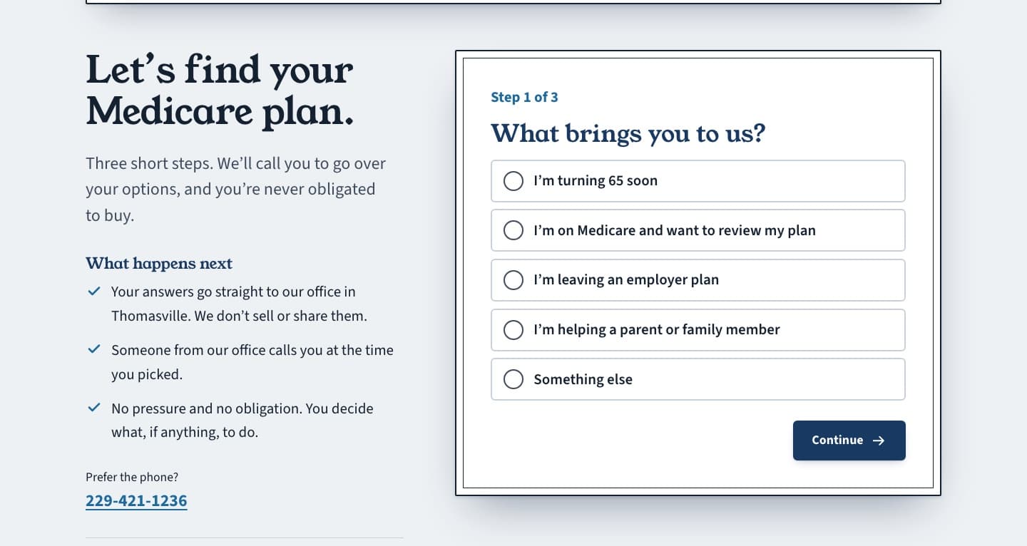 The Medicare lead form on a framed white board: Step 1 of 3, What brings you to us?, with five large radio options such as I’m turning 65 soon and I’m helping a parent or family member, beside a What happens next list and the phone number.