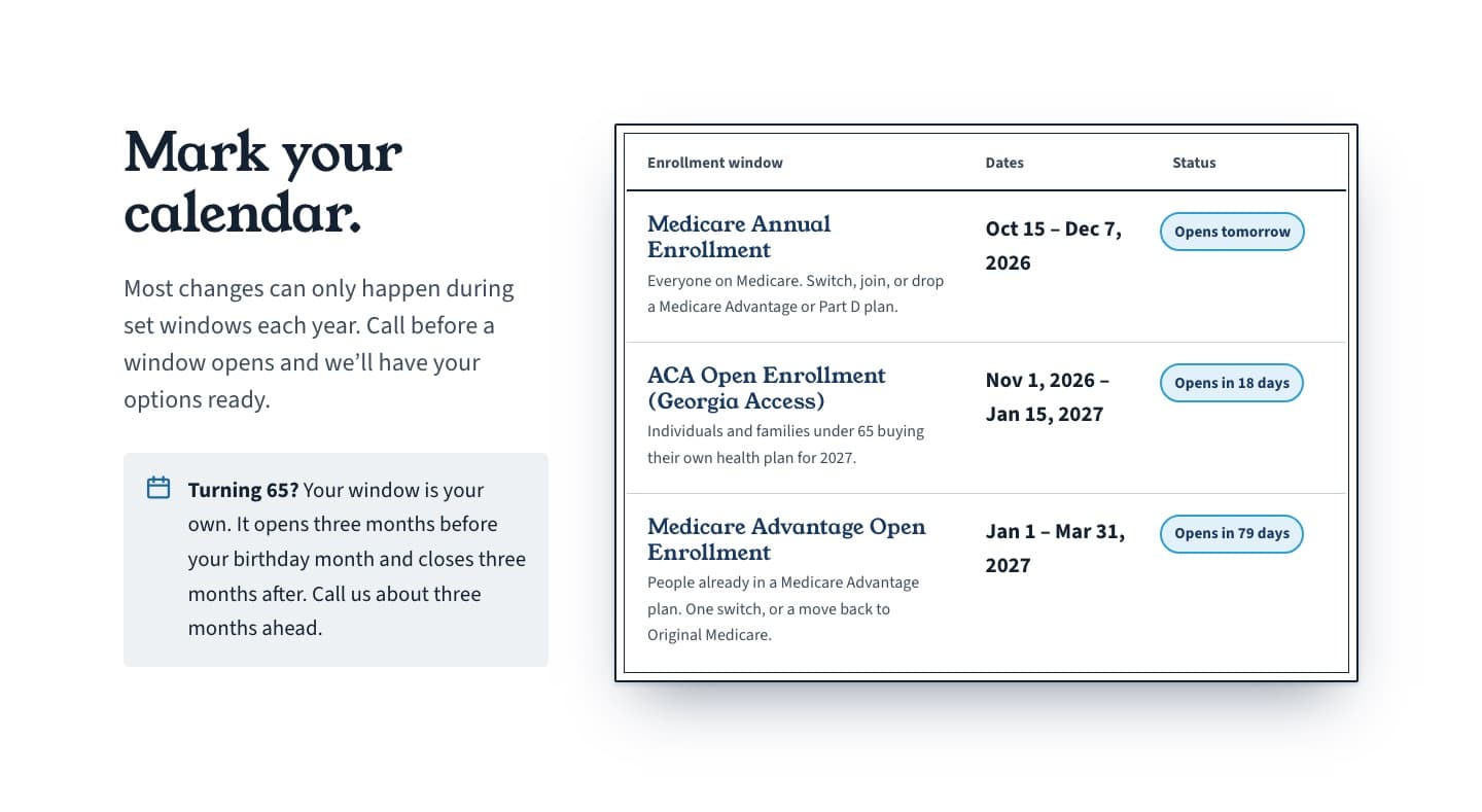 The Mark your calendar section: a framed table of three enrollment windows with their dates and status labels reading Opens tomorrow, Opens in 18 days, and Opens in 79 days, beside a note for people turning 65.