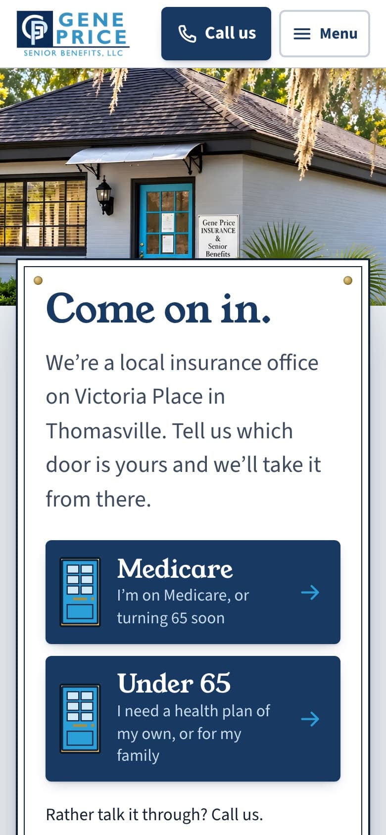 The homepage on a phone: the office photo, then the Come on in sign board with large Medicare and Under 65 door buttons stacked full width.