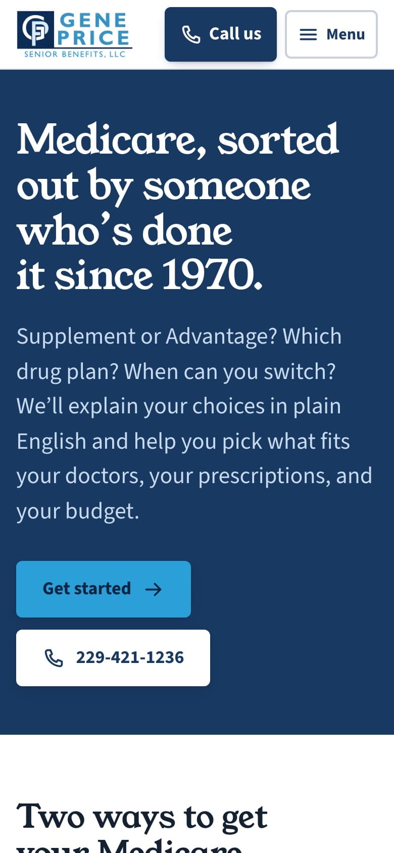 The Medicare page on a phone: the headline in large serif type, a plain-language lede, a Get started button, and the phone number as a full button.