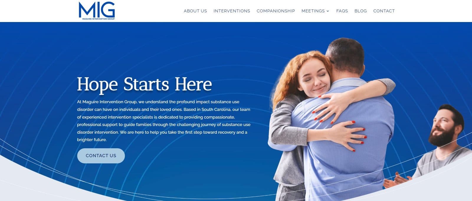 Original Maguire Intervention Group homepage with Hope Starts Here headline, hug stock photo, and royal blue gradient background built in WordPress Divi.