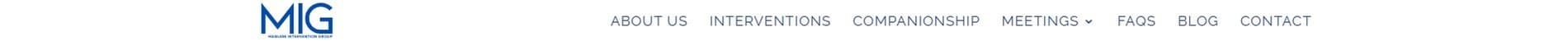 Old navigation with seven links: About Us, Interventions, Companionship, Meetings dropdown, FAQs, Blog, Contact.