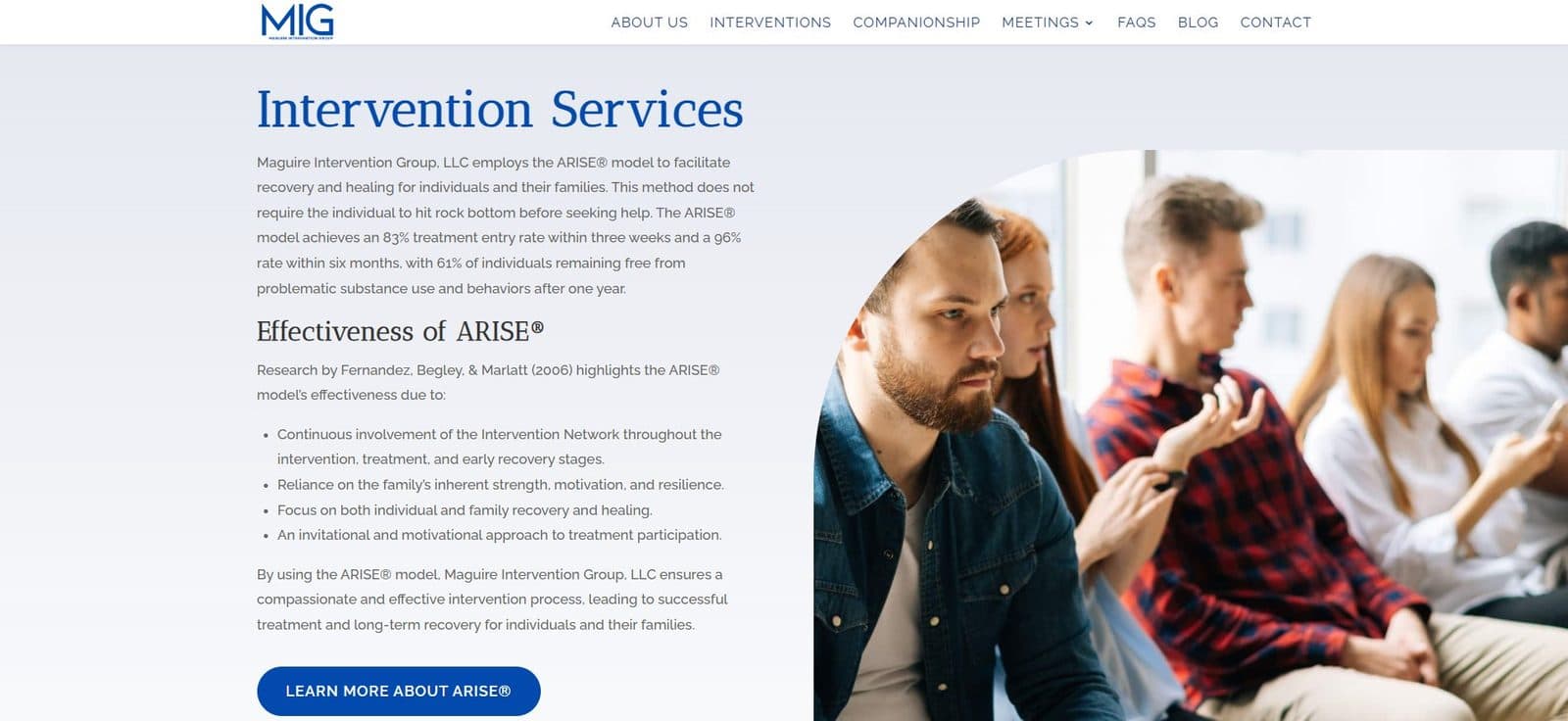 Original Intervention Services page with research citations, bulleted lists, and another stock photo of a group.