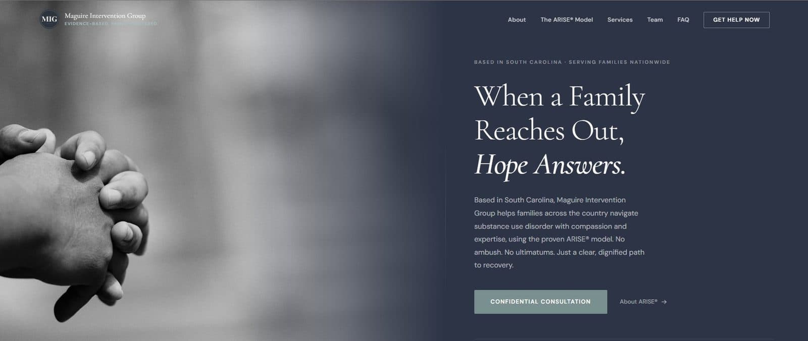 New Maguire Intervention Group homepage hero section.