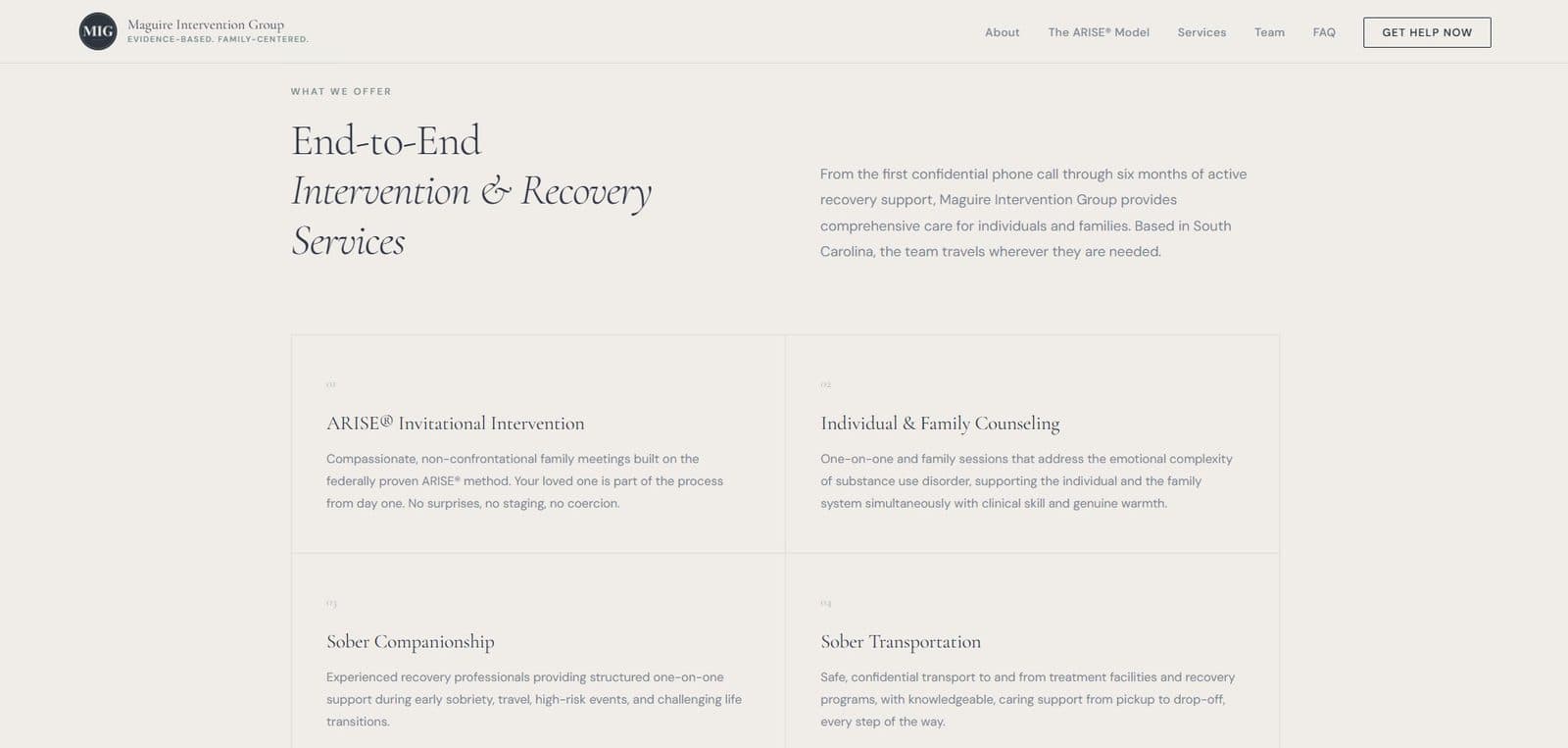 End-to-end intervention and recovery services section with a four-card grid.